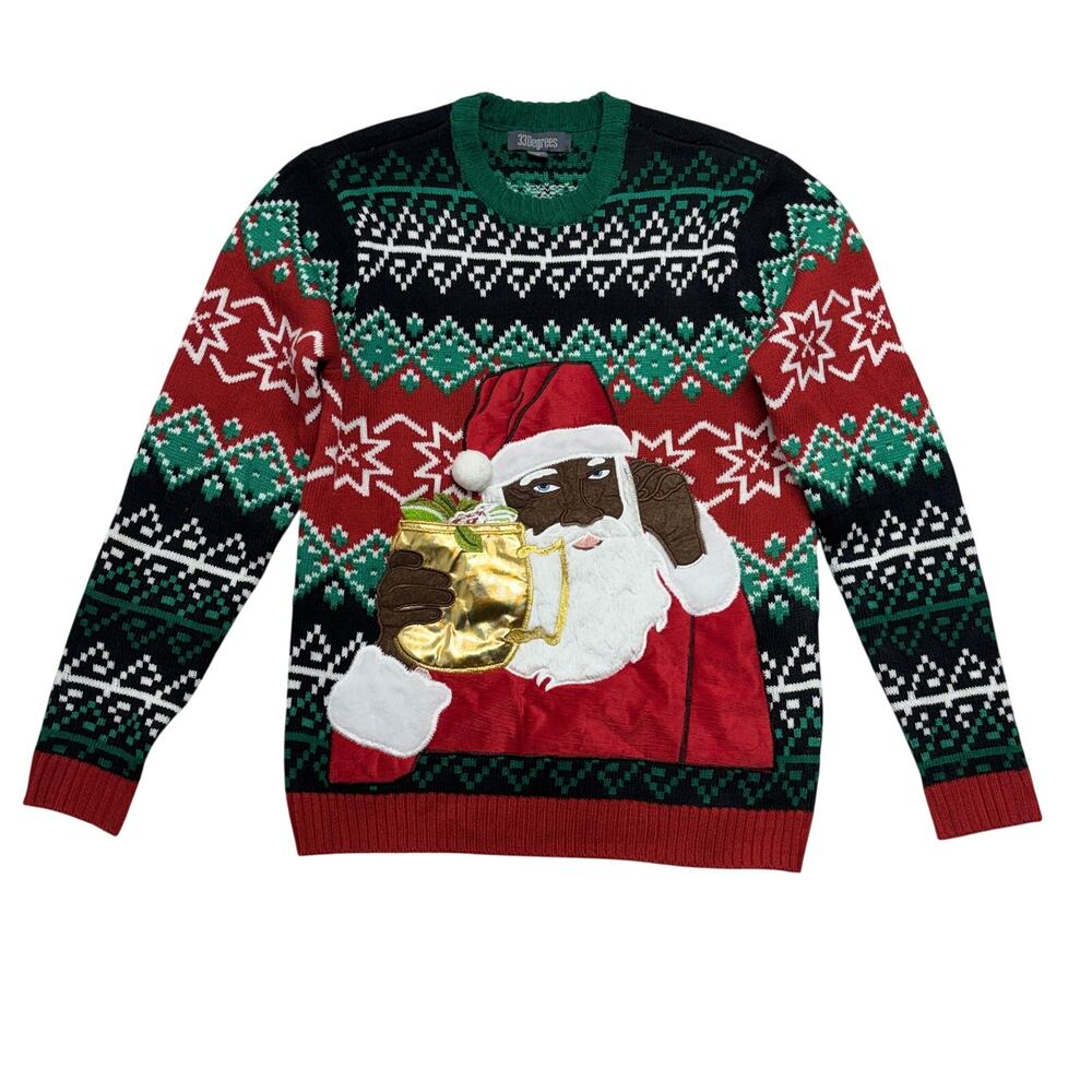 33 Degrees Ugly Christmas Sweater Medium Santa's Celebration Black Crew Acrylic